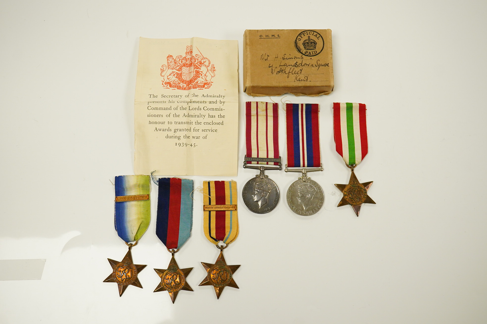 A WW2 Naval General Service Medal group of 6 with Palestine 1936-39 clasp to SSX.15520 H.Simons. A.B. R.N.